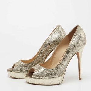 Jimmy Choo gold Dahlia gold matallic lame peep toe pumps